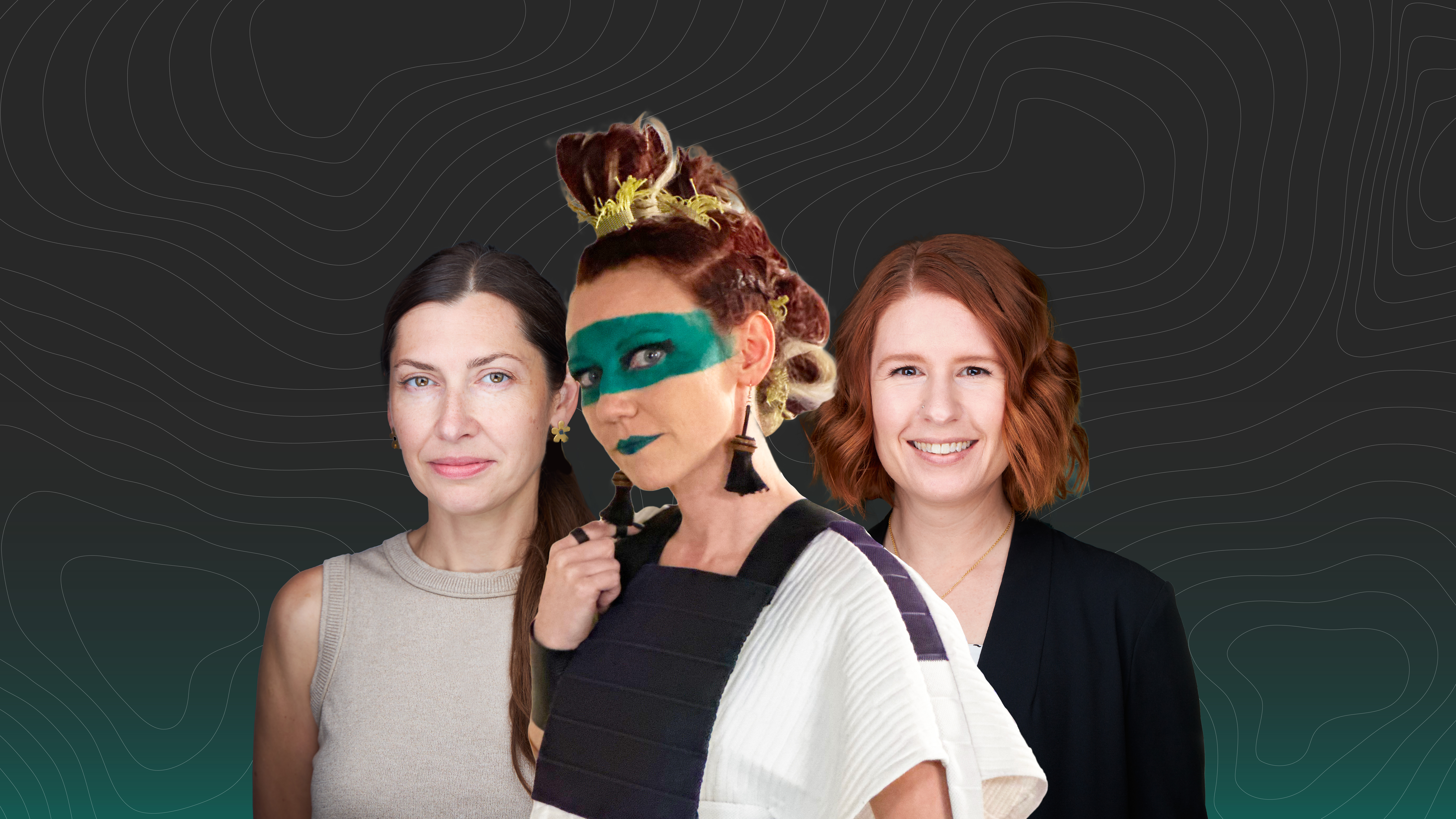 Foreground: Mel Sloan in teal makeup and a purple outfit, behind her are Monika Gibson and Megan Carleton, designers. Teal and Black background.